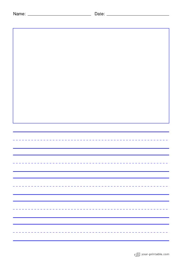 Lined Paper for 2nd Grade With Name and Date Blue 3/4 inch With Dashed Line and Picture Box - 10070810