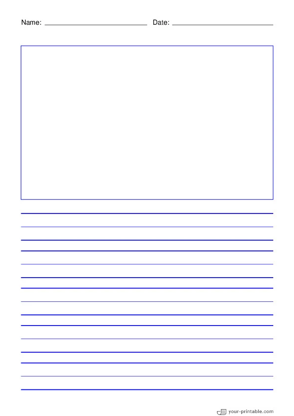 Lined Paper for 2nd Grade With Name and Date Blue 3/4 inch With Picture Box - 10070818