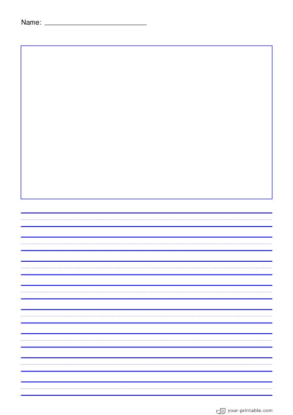 Lined Paper for 3rd Grade With Name Blue 3/8 inch With Dotted Line and Picture Box - 10070884