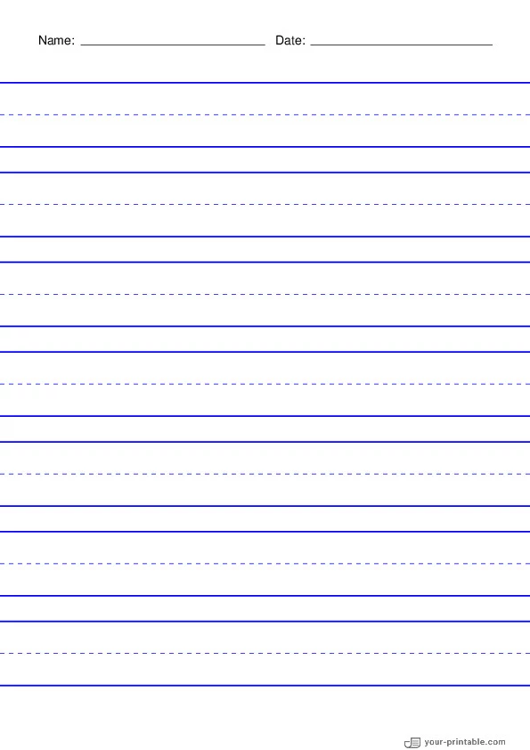 Lined Paper for Pre School With Name and Date Blue 1 inch With Dashed Line - 10070626