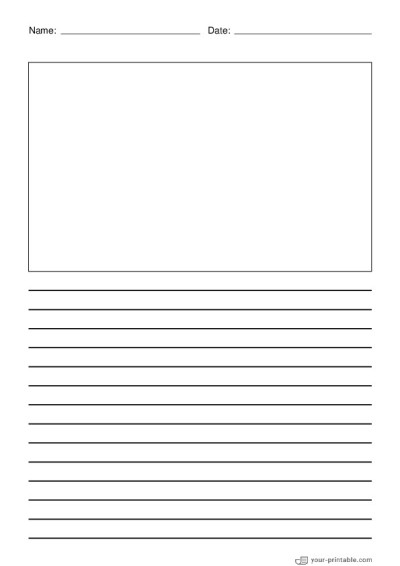 Papel rayado para 1er grado con nombre y fecha Negro 10mm con cuadro de imagen Plantilla