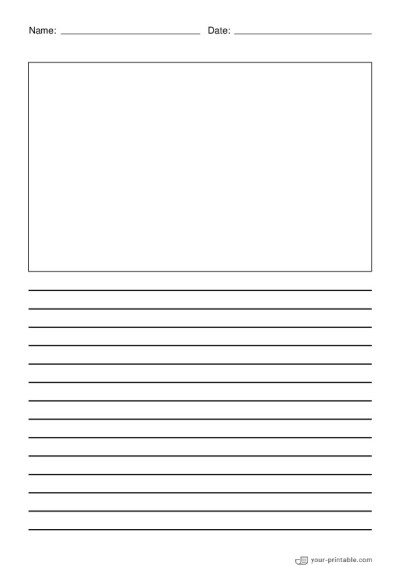 Lined Paper for 3rd Grade With Name and Date Black 3/8 inch With Picture Box for kids Template