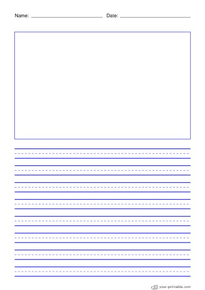 Linienpapier für die 3. Klasse mit Name und Datum Blau 3/8 Zoll mit gestrichelter Linie und Bildfeld Vorlage
