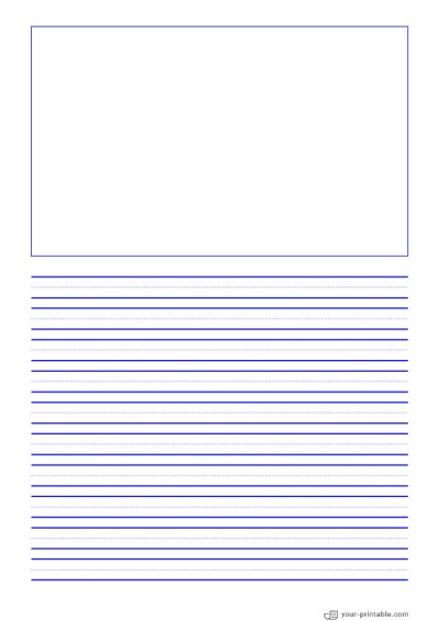 Papel rayado para preescolar azul 10mm con línea punteada y cuadro de imagen Plantilla