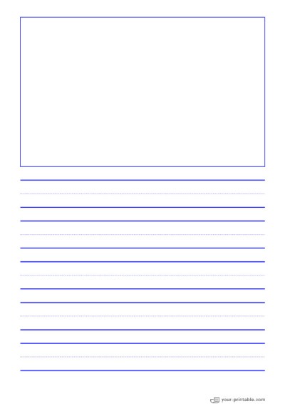 Papel rayado para preescolar azul 20mm con línea punteada y recuadro de imagen Plantilla