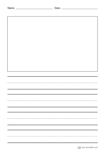 Lined Paper for Pre School With Name and Date Black 1 inch With Dashed Line and Picture Box Template