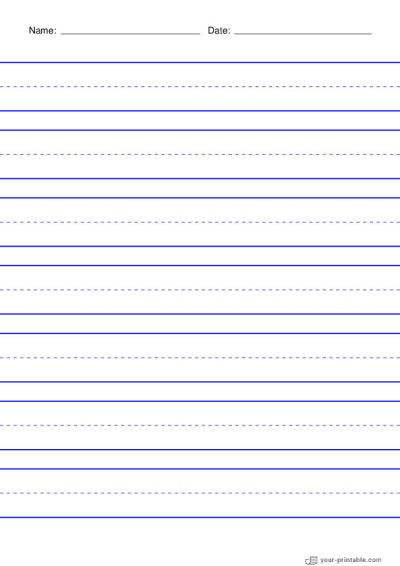 Lined Paper for Pre School With Name and Date Blue 1 inch With Dashed Line Template