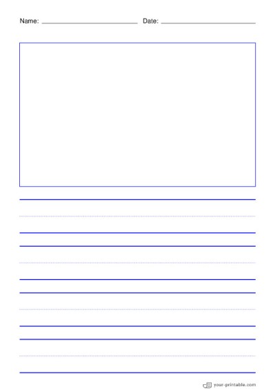 Papel rayado para preescolar con nombre y fecha azul de 1 pulgada con línea punteada y cuadro de imagen. Plantilla