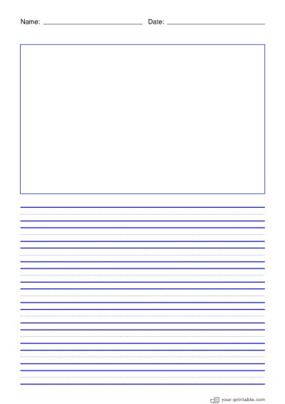 Lined Paper for Pre School With Name and Date Blue 10mm With Dotted Line and Picture Box Template