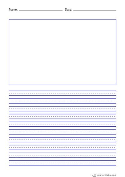 Lined Paper for Pre School With Name and Date Blue 8mm With Dashed Line and Picture Box Template