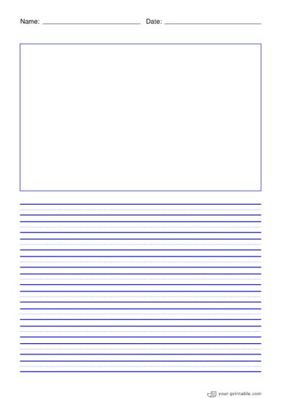 Lined Paper for Pre School With Name and Date Blue 8mm With Dotted Line and Picture Box Template