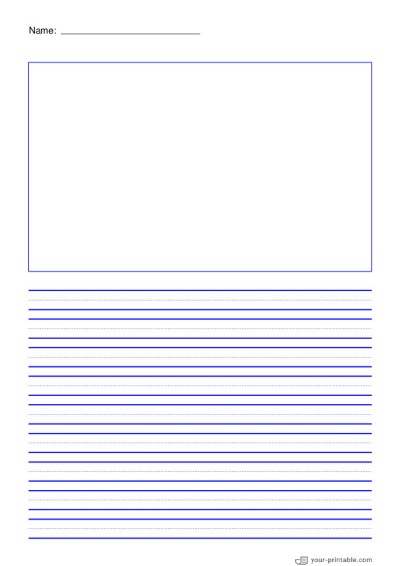 Lined Paper for Pre School With Name Blue 10mm With Dotted Line and Picture Box Template