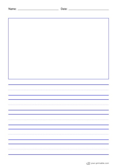 Lined Paper for Second Grade With Name and Date Blue 3/4 inch With Dotted Line and Picture Box Template