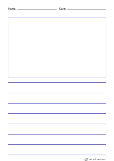 Lined Paper for Second Grade With Name and Date Blue 3/4 inch With Picture Box Template