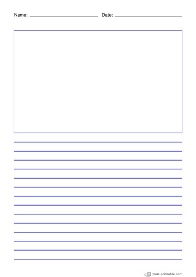 Lined Paper for Third Grade With Name and Date Blue 3/8 inch With Picture Box Template