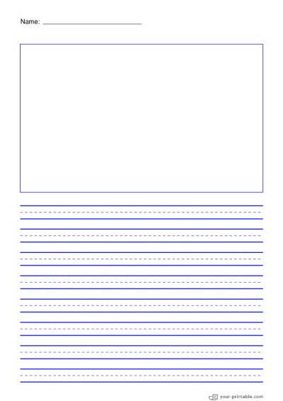 Lined Paper for Third Grade With Name Blue 3/8 inch With Dashed Line and Picture Box Template